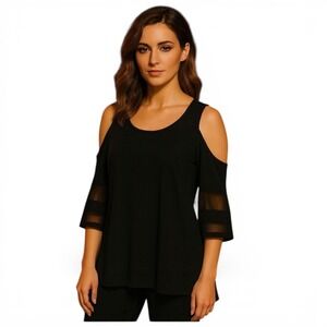 Black Cold Shoulder Mesh Sleeve Top Small Gothic Chic Sheer Bell Sleeve Blouse